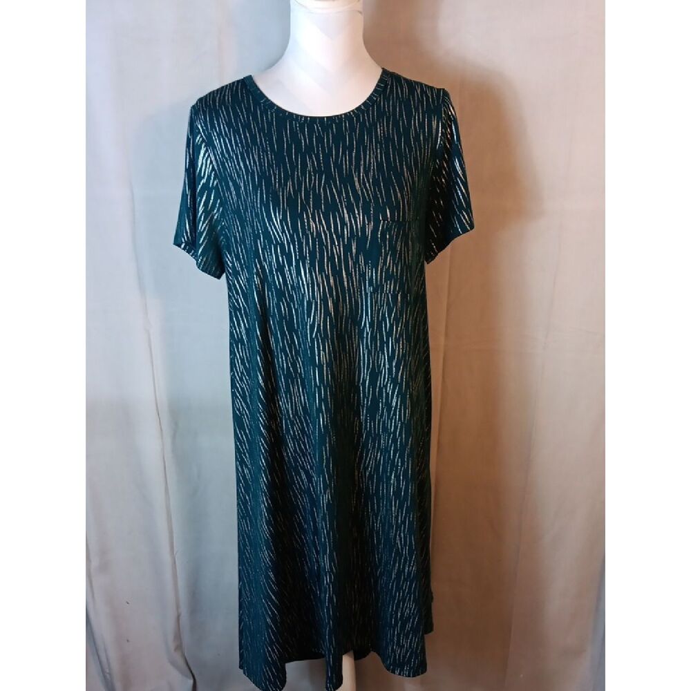 LuLaRoe "Carly" Teal Short-Sleeve Midi Dress with Subtle Linear Print